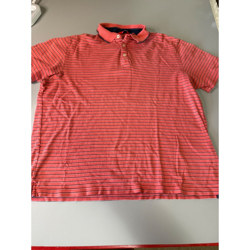 IZOD Mens Large Coral Pink Navy Blue Striped Short Sleeve Cotton Polo Shirt